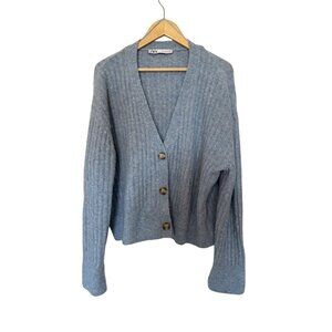 Zara Wool Blend Button Front V Neck Cardigan Light Blue Size Medium